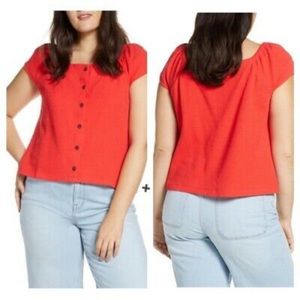 Madewell Coral Off-the-shoulder Button-front Cap Sleeve Cropped Blouse Size M